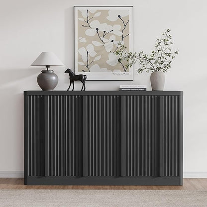 Fluted Buffet Cabinet with Storage, 60" Sideboard Buffet Cabinet with 4 Door, Modern Credenza Storage Cabinets with Adjustable Shelves, Solid Wood Handles for Kitchen, Dining, Living Room, Black(1PC)