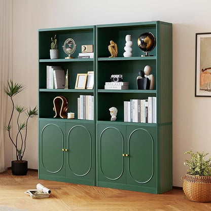 70.8" Tall Fluted Bookshelf with Storage Cabinet, Modern 5-Tier Wood Bookcase with Open Display Storage Shelf, Gold Handles for Office Living Room (Green)