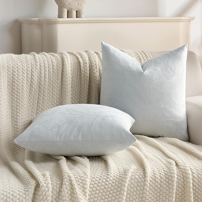 FUTEI Light Blue Velvet Throw Pillow Covers 18x18 Inch Set of 2,Soft Embossed Leaf-Relief Textured Cushion Cases,Natural Home Decor for Couch Living Room