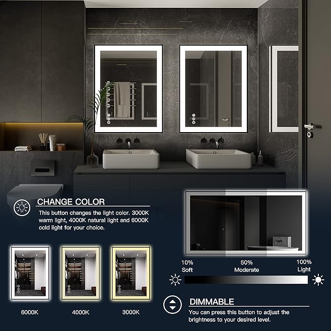 ISKM Framed LED Mirror for Bathroom 60"x40", Dimmable LED Bathroom Mirror with Lights, Anti-Fog, Front and Backlit Lighted Mirror 3-Colors, Shatterproof, Memory Function