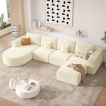 134" Boneless Couches for Living Room,Modular Sectional Sofa with Ottoman,Cloud Couch in a Box,Sponge Compression U Shaped Sofas with Chaise No Assembly Required(Beige-Corduroy Fabric) 1pcs