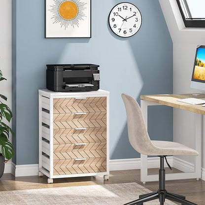 Tribesigns 5 Drawer Chest, Wood Storage Dresser Cabinet with Wheels, Industrial Storage Drawer Organizer Cart for Office Bedroom Entryway (Beige & White, 1 PC)