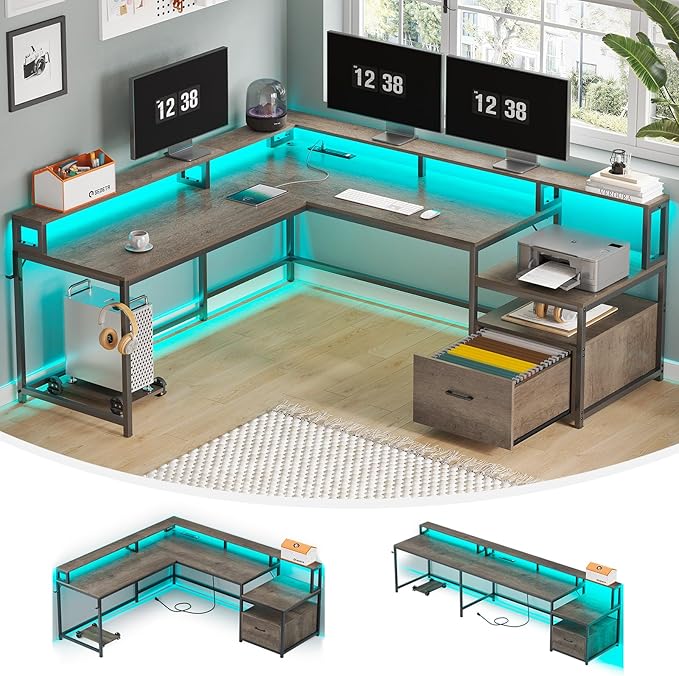 SEDETA L Shaped Desk, 66" Home Office Desk with Wood File Drawer, Power Outlet, Corner Computer Desk with Monitor Shelf, Printer Storage Shelves, Gaming Desk with Led Lights, Two Person Desk, Walnut