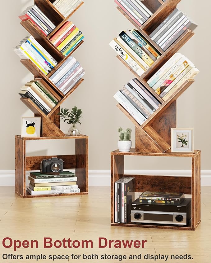 7 Tier Tree Bookshelf with Clock and Storage Cabinet, Small Narrow Floor Standing Bookcase for Bedroom, Living Room, Home Office, Rustic Brown