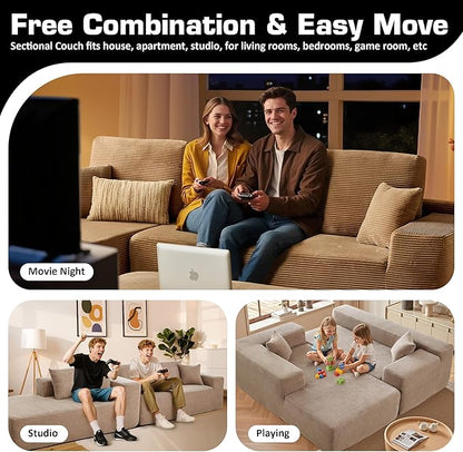 106" Cloud Sectional Couch with L-Shape Chaise & Ottoman, No Assembly Modular Sofa, Deep Seat Corduroy Boneless Couched for Living Room (Camel Stripe Corduroy, Left Facing Chaise with Ottoman)