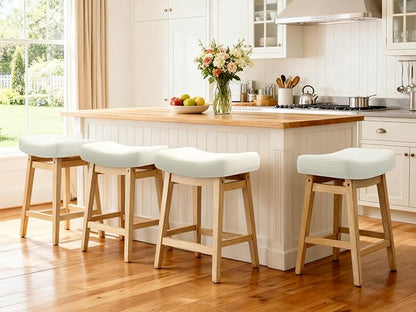 Counter Height Bar Stools Set of 2 for Kitchen Island Modern Barstools with Upholstered Faux Leather Backless Seat and Solid Wood Legs, 24 inch Farmhouse Bar Chairs, White