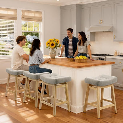 Counter Height Bar Stool for Kitchen Counter Modern Backless Barstool with Upholstered Fabric Seat and Solid Wood Leg Farmhouse 24 inch Bar Chair, Grey + Wood Color, 1pc