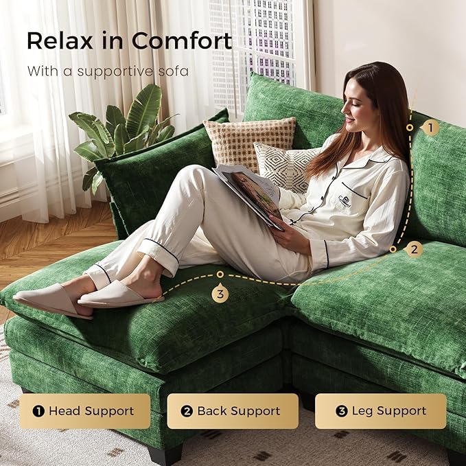 KKL Modular Sectional Sofa Bed, 4 Seater Convertible L-Shaped Sleeper Cloud Couch with Ottoman, Chenille Sectional Couches for Living Room, Apartment Green