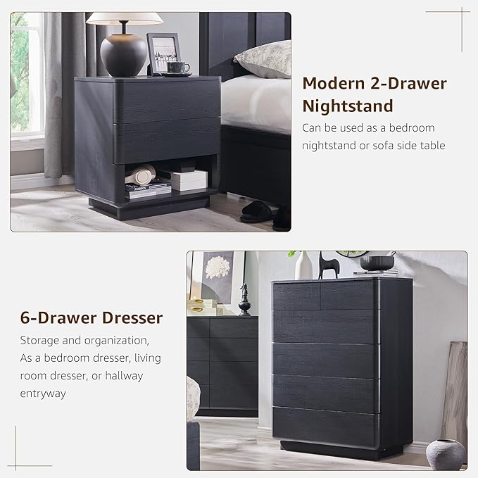 ACCOHOHO Modern Bedroom Set, 3 Pieces Bedroom Furniture Set, Wood 6 Drawer Dresser and Nightstands Set of 2, Chest of Drawers Wide Storage Organizer Cabinet for Bedroom,Black