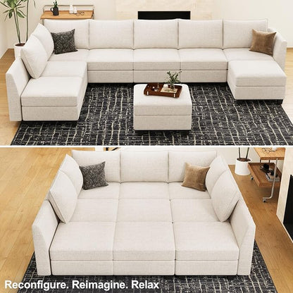 Belffin Large Modular Sectional Sofa Sleeper Sectional Couch with Storage Chenille Sectional Sofa Bed for Living Room, 9 Seats, Beige