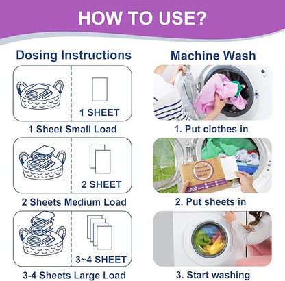 Laundry Detergent Sheets, 200 Sheets Lavender Laundry Soap Strips - No Plastic Jug Travel Portable Liquidless Washing Supplies Eco-Friendly Hypoallergenic - 200 Loads