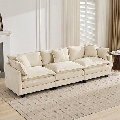 Aoowow Modular Sectional 3 Seater Cloud Sofa Couch for Living Room,113.8" Cloud Sofas with Deep Seat,Modern Chenille 3 Seat Sofas,Fluffy Cloud Couches for Bedroom,Apartment,Office (Beige, 3 Seater)