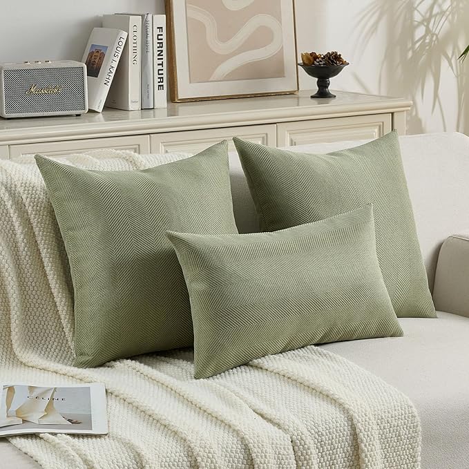 FUTEI Sage Green Chenille Throw Pillow Covers 16x16 Inch Set of 2,Soft Wide Chevron Textured Cushion Case,Farmhouse Home Decor for Couch Bed Living Room