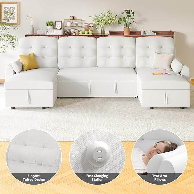 Ucloveria Sleeper Sofa Bed, 112" U Shaped Sectional Sofa Couches for Living Room, Pull Out Couch Bed with Dual Reversible Storage Chaise | Charging Station | Side Pockets | Removable Backrest