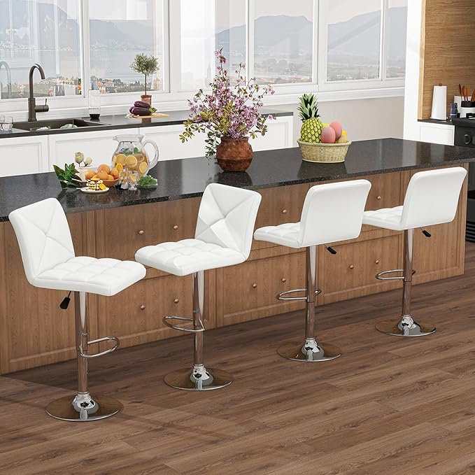 COSTWAY Bar Stools Set of 4, Modern PU Leather Swivel Bar Chairs, Height Adjustable Upholstered Barstools with Premium Gas Rod, Sturdy Footrest, Round Base, for Kitchen, Dining Room, Office, White