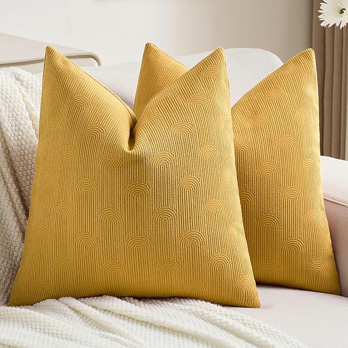 FUTEI Mustard Yellow Chenille Decorative Throw Pillow Covers 16x16 Inch Set of 2,Soft Cozy Striped Geometric Patterns Cushion Cases,Modern Home Decor for Couch Bed Living Room