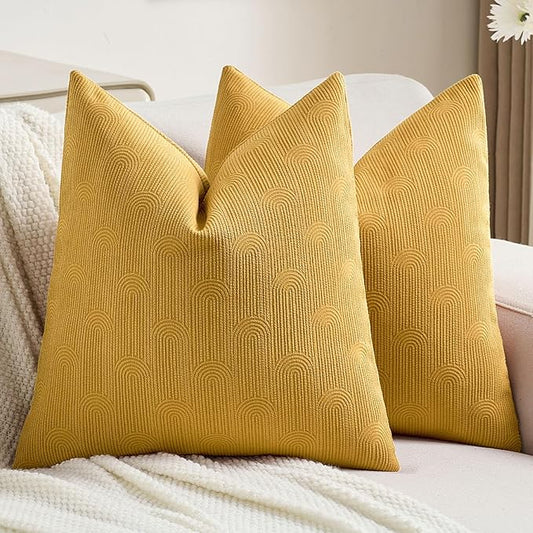 FUTEI Mustard Yellow Chenille Decorative Throw Pillow Covers 22x22 Inch Set of 2,Soft Cozy Striped Geometric Patterns Cushion Cases,Modern Home Decor for Couch Bed Living Room