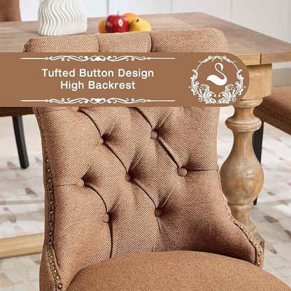 Linen Upholstered Dining Chairs Set of 8, Modern Style Kitchen Side Chairs with Nailhead Trim and Wood Leg, Metal Pulling Ring for Dining Room Living Room(Coffee,Set of 8)