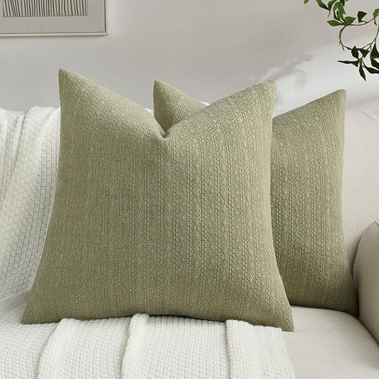 FUTEI Sage Green Chenille Throw Pillow Covers 18x18 Inch Set of 2,Soft Striped & Diamond Textured Cushion Cases,Modern Home Decor for Couch Living Room