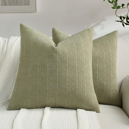 FUTEI Sage Green Chenille Throw Pillow Covers 16x16 Inch Set of 2,Soft Striped & Diamond Textured Cushion Cases,Modern Home Decor for Couch Living Room