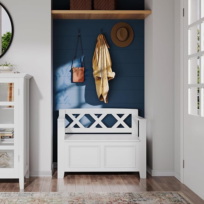 SIMPLIHOME Amherst Entryway Storage Bench - 36 inch Wide Solid Wood Small Hallway Seat in White, Transitional Bench for Entryway or Living Room with Lift-Up Lid and Compact Storage