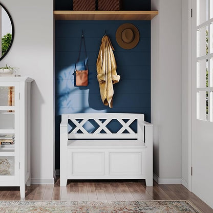 SIMPLIHOME Amherst Entryway Storage Bench - 36 inch Wide Solid Wood Small Hallway Seat in White, Transitional Bench for Entryway or Living Room with Lift-Up Lid and Compact Storage