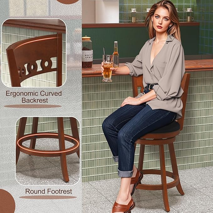COSTWAY Bar Stools Set of 4, 24.5” Counter Height Bar stools with Solid Wood Legs, Cushioned Seat, Footrest, for Home, Kitchen Island, Bar (4, 24.5'' Seat Height)