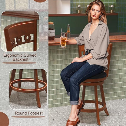 COSTWAY Bar Stools Set of 4, 24.5” Counter Height Bar stools with Solid Wood Legs, Cushioned Seat, Footrest, for Home, Kitchen Island, Bar (4, 24.5'' Seat Height)