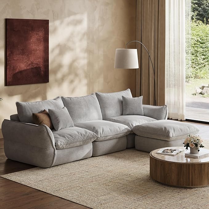 106'' Down Blend L-Shaped Sectional Sofa, Deep Seat Feather-Filled Cushions, Oversized Cloud Couch with Sink-in Comfort, Modern Living Room Sofa – Pebble Gray