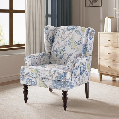 HUIMO Living Room Chair Upholstered High Back Armchair Retro Printed Wingback Chair in Linen for Bedroom & Study Comfy Accent Sofa Chair Reading Chair Holds 300lbs (Navy Blue) (2, Blue Floral-2PCS)