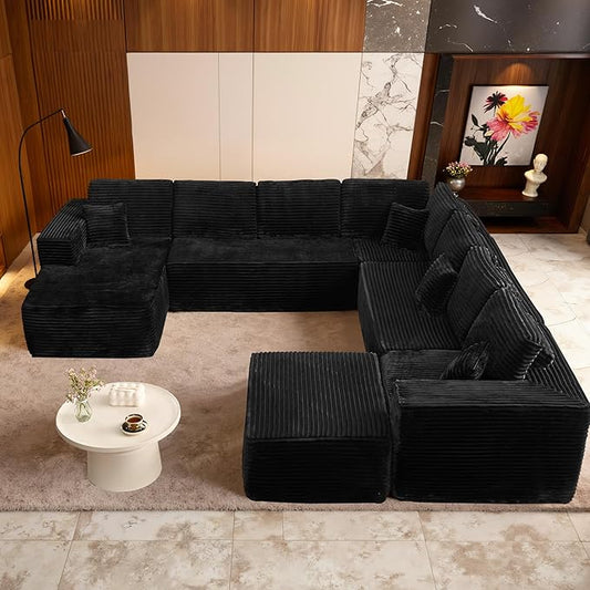 Cloud Sectional Couch with Chaise, Boneless U-Shaped Cloud Couch with Deep Seat, Soft Plush Modern Minimalist Sofa, Assembly Free Modular Floor Sofa for Office Living Room Apartment, Black