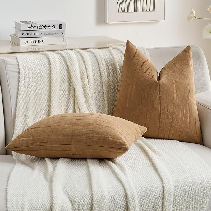 FUTEI Bronze Chenille Decorative Throw Pillow Covers 22x22 Inch Set of 2,Soft Embossed Striped Textured Cushion Case,Modern Home Decor for Couch Bed Living Room