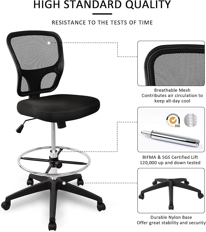 HYLONE Ergonomic Office Chairs, Office Drafting Chair, Rolling Stool Chair Armless Standing Desk Chair with Footrest Bar Stools for Home,Office & Bar