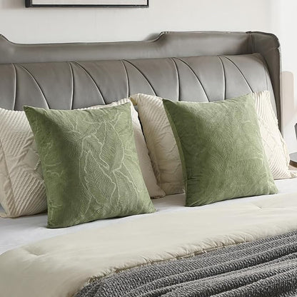 FUTEI Sage Green Velvet Throw Pillow Covers 18x18 Inch Set of 2,Soft Embossed Leaf-Relief Textured Cushion Cases,Natural Home Decor for Couch Living Room