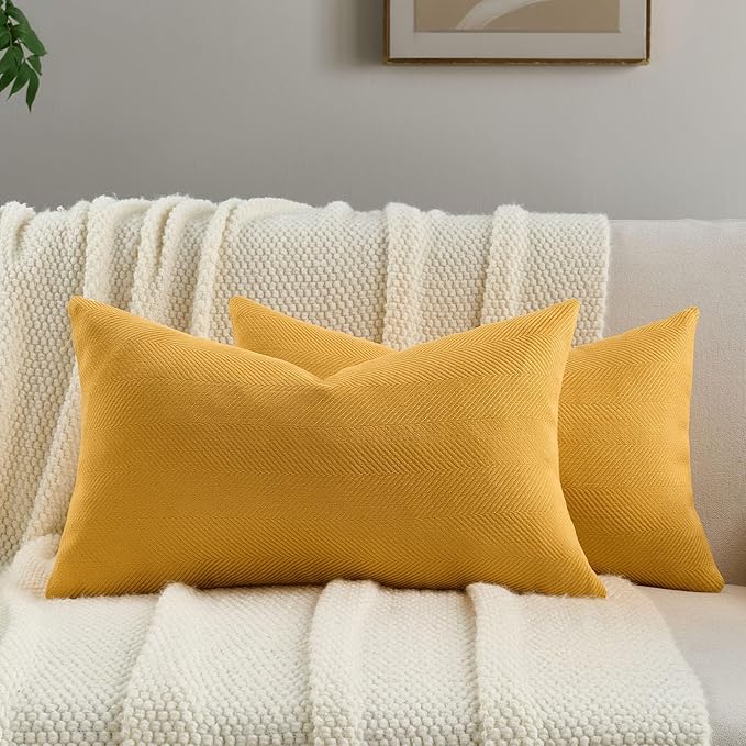 FUTEI Mustard Yellow Chenille Throw Pillow Covers 12x20 Inch Set of 2,Soft Wide Chevron Textured Lumbar Pillow Cases,Farmhouse Home Decor for Couch Bed Living Room