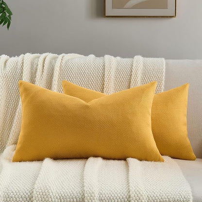 FUTEI Mustard Yellow Chenille Throw Pillow Covers 12x20 Inch Set of 2,Soft Wide Chevron Textured Lumbar Pillow Cases,Farmhouse Home Decor for Couch Bed Living Room