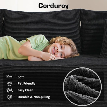 106" Cloud Sectional Couch with Chaise Lounge,L Shaped Modular Modern Sofa,Comfy Corduroy Fluffy Sofa with Deep Seat,No Assembly Required Couch for Living Room(Right,Stripe Corduroy,Black)