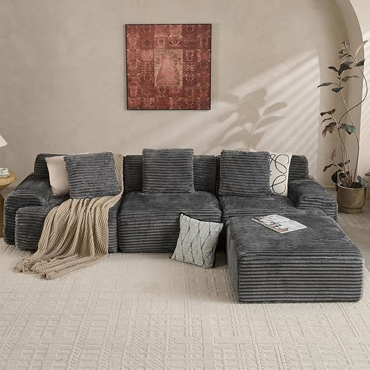 VK·LIVING 113" Cloud Sectional Couch, 61.6" Deep Seat Boneless Modular Sofa with Wide Armrests, Plush Corduroy Memory Foam Couch for Living Room, No Assembly, Dark Gray