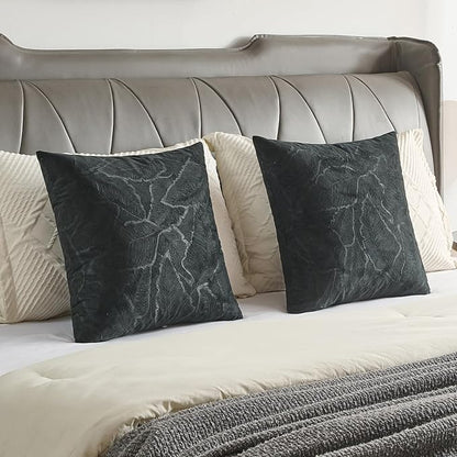FUTEI Black Velvet Throw Pillow Covers 18x18 Inch Set of 2,Soft Embossed Leaf-Relief Textured Cushion Cases,Natural Home Decor for Couch Living Room