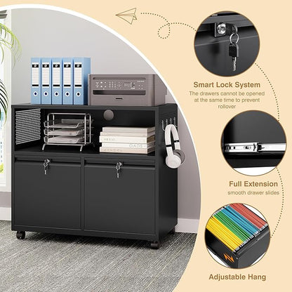 Mobile Filing Cabinet with Lock,Metal Lateral File cabinets Printer Stand with Storage Cabinets for Home Office,A4/F4/Letter (Black)
