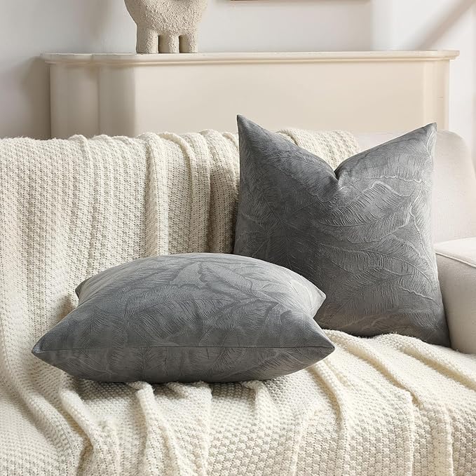 FUTEI Dark Grey Velvet Throw Pillow Covers 18x18 Inch Set of 2,Soft Embossed Leaf-Relief Textured Cushion Cases,Natural Home Decor for Couch Living Room