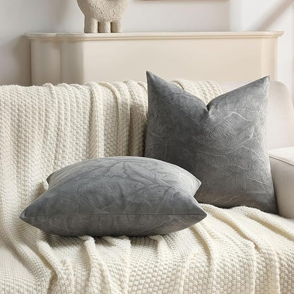 FUTEI Dark Grey Velvet Throw Pillow Covers 12x20 Inch Set of 2,Soft Embossed Leaf-Relief Textured Lumbar Pillow Cases,Natural Home Decor for Couch Living Room