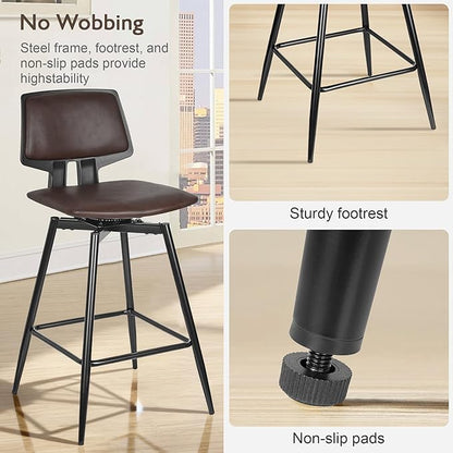 VECELO Swivel Leather Bar Stools Set of 4, Counter Height Barstools with Back, Metal Legs, 35.2-Inch Tall Barstools for Kitchen Island, Home Bar, Cafe, Brown