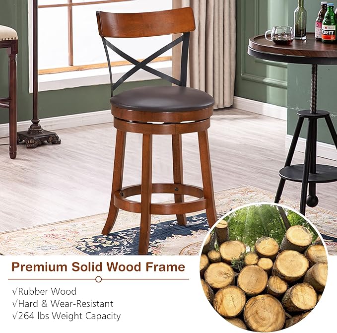 COSTWAY Bar Stool Set of 4, 360-Degree Swivel Solid Wood Stools with Soft Cushion & Backrest, 25”Height Kitchen Counter Bar Stools for Kitchen Island, Pub, and Restaurant (4, 25 inch)