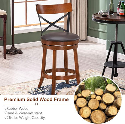 ERGOMASTER Swivel Bar Stools Set of 4 with PU Cushion and Solid Cappuccino Rubberwood Barstool for Kitchen Island Counter, Pub - 29 Inch Height