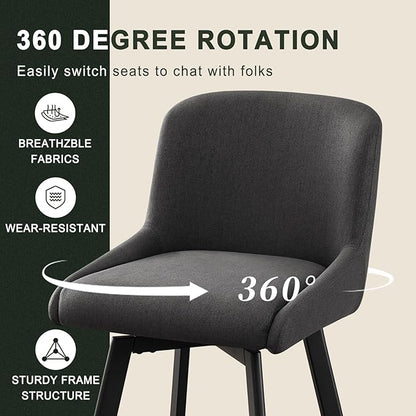 Swivel Counter Height Bar Stools Set of 3, 26''H Upholstered Barstools with Backs, Modern Bar Stool Chairs for Kitchen Island, Metal Legs, Fabric, Black Grey Stools Counter Chair