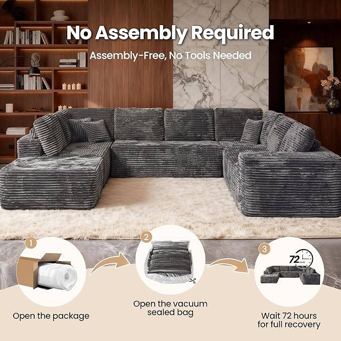 Cloud Sectional Couch with Loveseat, Boneless U-Shaped Cloud Couch with Deep Seat, Soft Plush Modern Minimalist Sofa, Assembly Free Modular Floor Sofa for Office Living Room Apartment, Grey