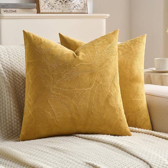 FUTEI Golden Yellow Velvet Throw Pillow Covers 26x26 Inch Set of 2,Soft Embossed Leaf-Relief Textured Euro Pillow Shams,Natural Home Decor for Couch Living Room