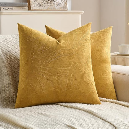 FUTEI Golden Yellow Velvet Throw Pillow Covers 16x16 Inch Set of 2,Soft Embossed Leaf-Relief Textured Cushion Cases,Natural Home Decor for Couch Living Room