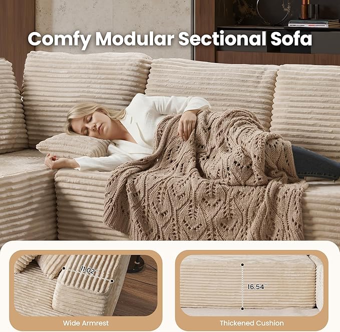 Cloud Sectional Couch with Loveseat, Boneless U-Shaped Cloud Couch with Deep Seat, Soft Plush Modern Minimalist Sofa, Assembly Free Modular Floor Sofa for Office Living Room Apartment, Beige